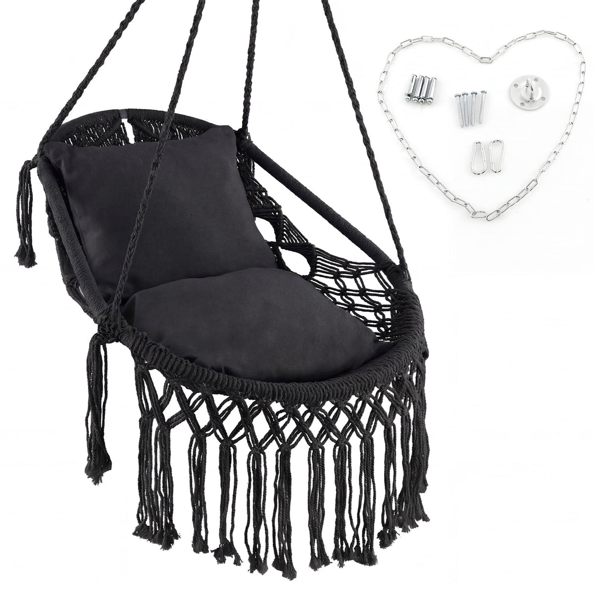 Hanging Hammock Chair with Soft Seat Cushions and Sturdy Rope Chain-Black-Hammocks-DECOROLALA