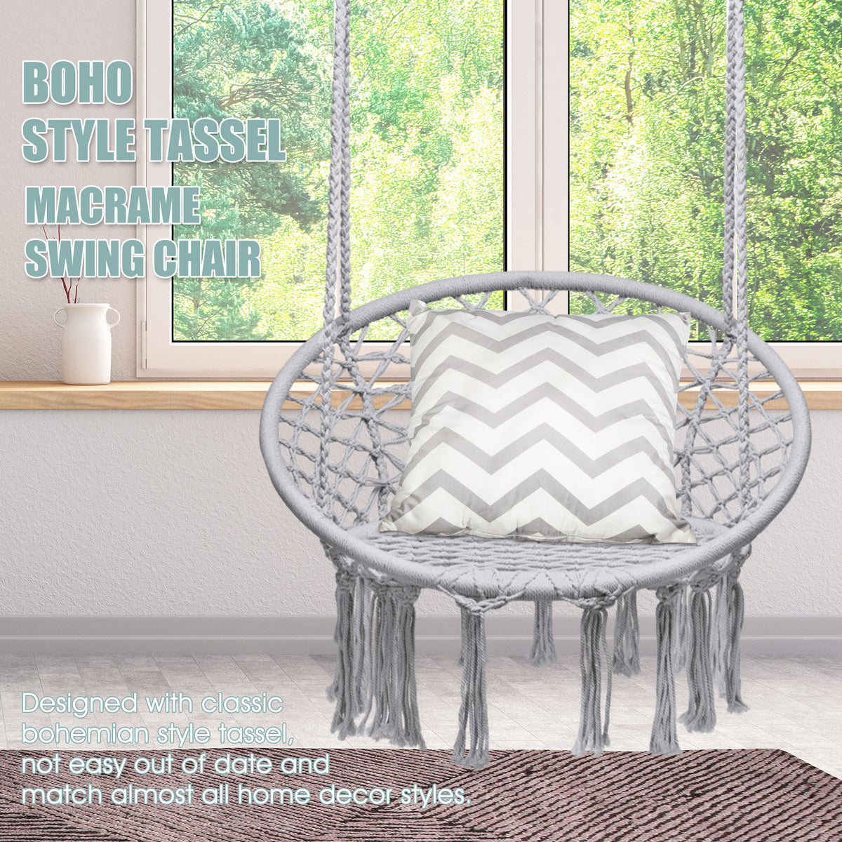 Hanging Macrame Hammock Chair with Handwoven Cotton Backrest-Gray-Hammocks-DECOROLALA