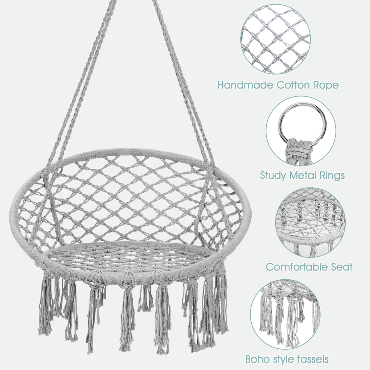 Hanging Macrame Hammock Chair with Handwoven Cotton Backrest-Gray-Hammocks-DECOROLALA