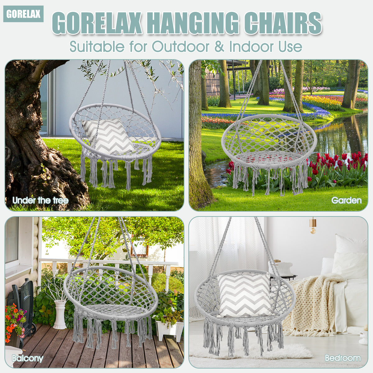 Hanging Macrame Hammock Chair with Handwoven Cotton Backrest-Gray-Hammocks-DECOROLALA