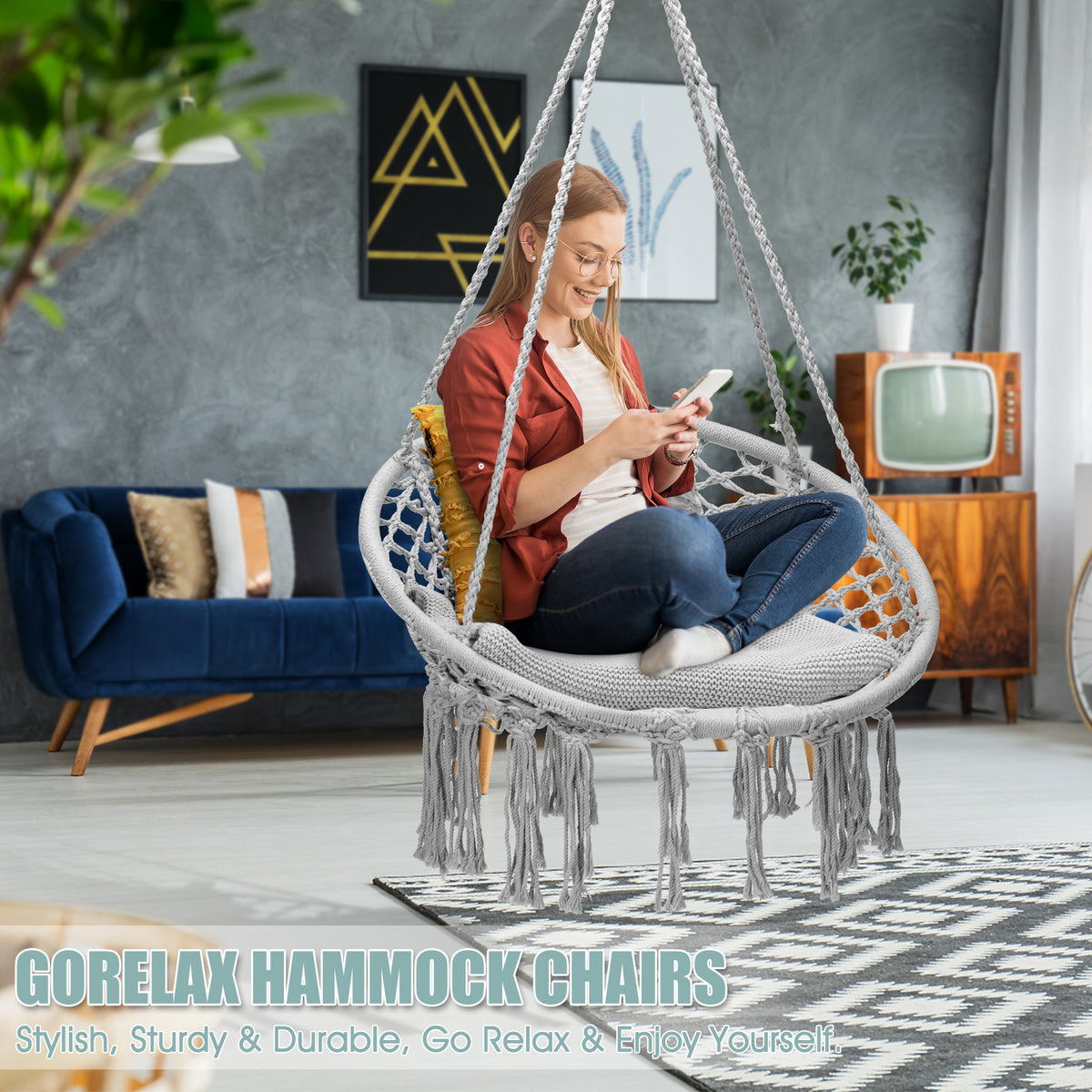 Hanging Macrame Hammock Chair with Handwoven Cotton Backrest-Gray-Hammocks-DECOROLALA