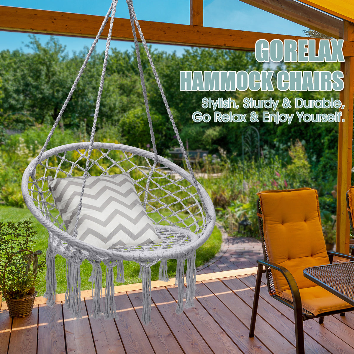 Hanging Macrame Hammock Chair with Handwoven Cotton Backrest-Gray-Hammocks-DECOROLALA