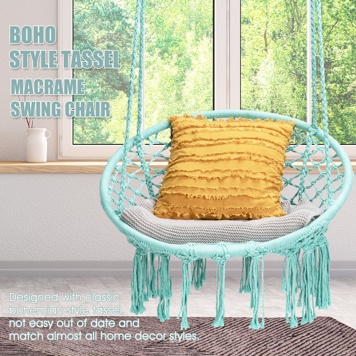 Hanging Macrame Hammock Chair with Handwoven Cotton Backrest-Turquoise-Hammocks-DECOROLALA