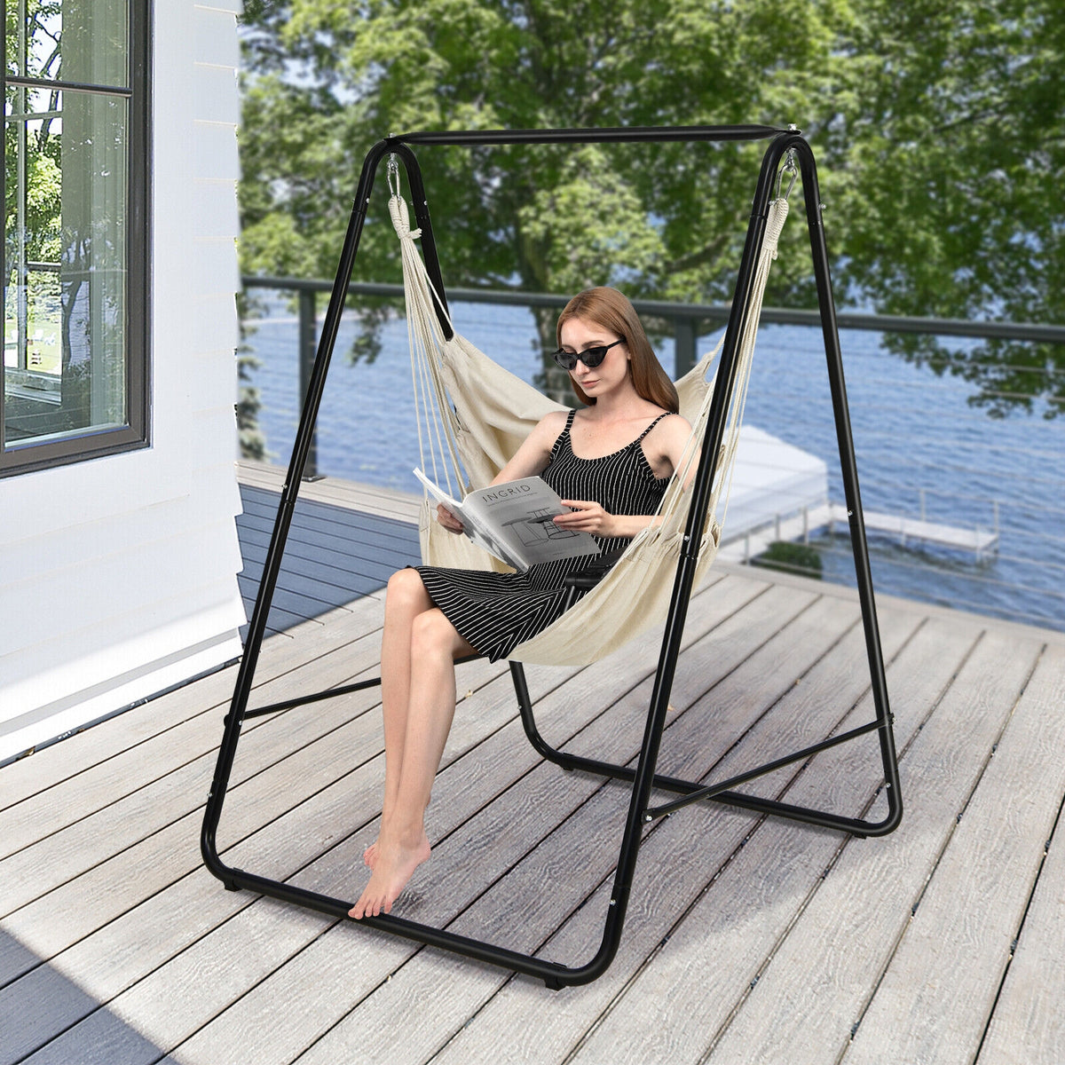 Hanging Padded Hammock Chair with Stand and Heavy Duty Steel-Beige-Hammocks-DECOROLALA
