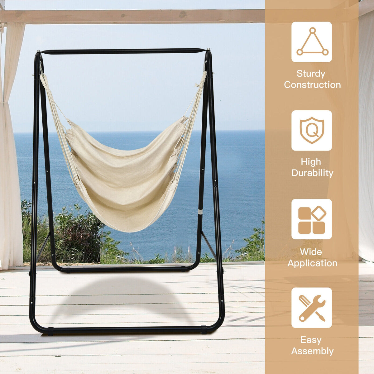 Hanging Padded Hammock Chair with Stand and Heavy Duty Steel-Beige-Hammocks-DECOROLALA