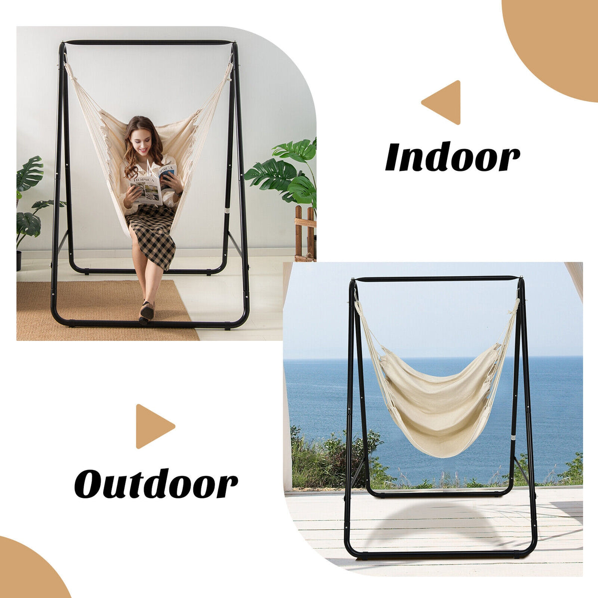 Hanging Padded Hammock Chair with Stand and Heavy Duty Steel-Beige-Hammocks-DECOROLALA