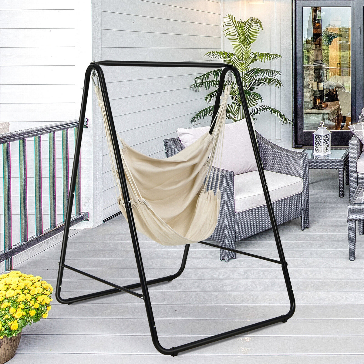 Hanging Padded Hammock Chair with Stand and Heavy Duty Steel-Beige-Hammocks-DECOROLALA