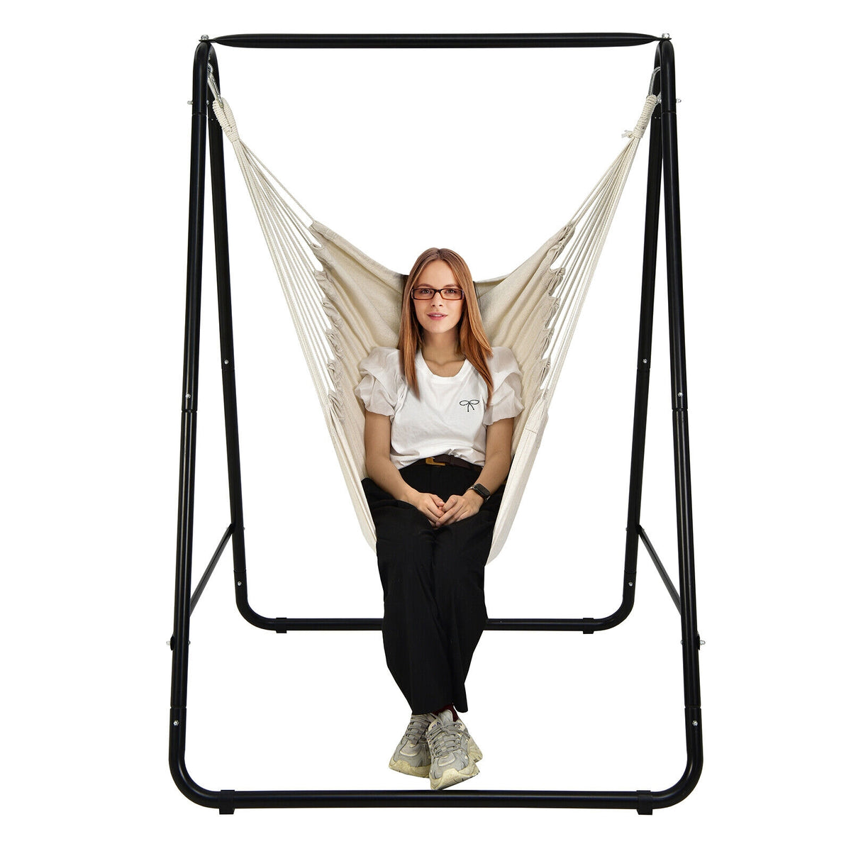 Hanging Padded Hammock Chair with Stand and Heavy Duty Steel-Beige-Hammocks-DECOROLALA