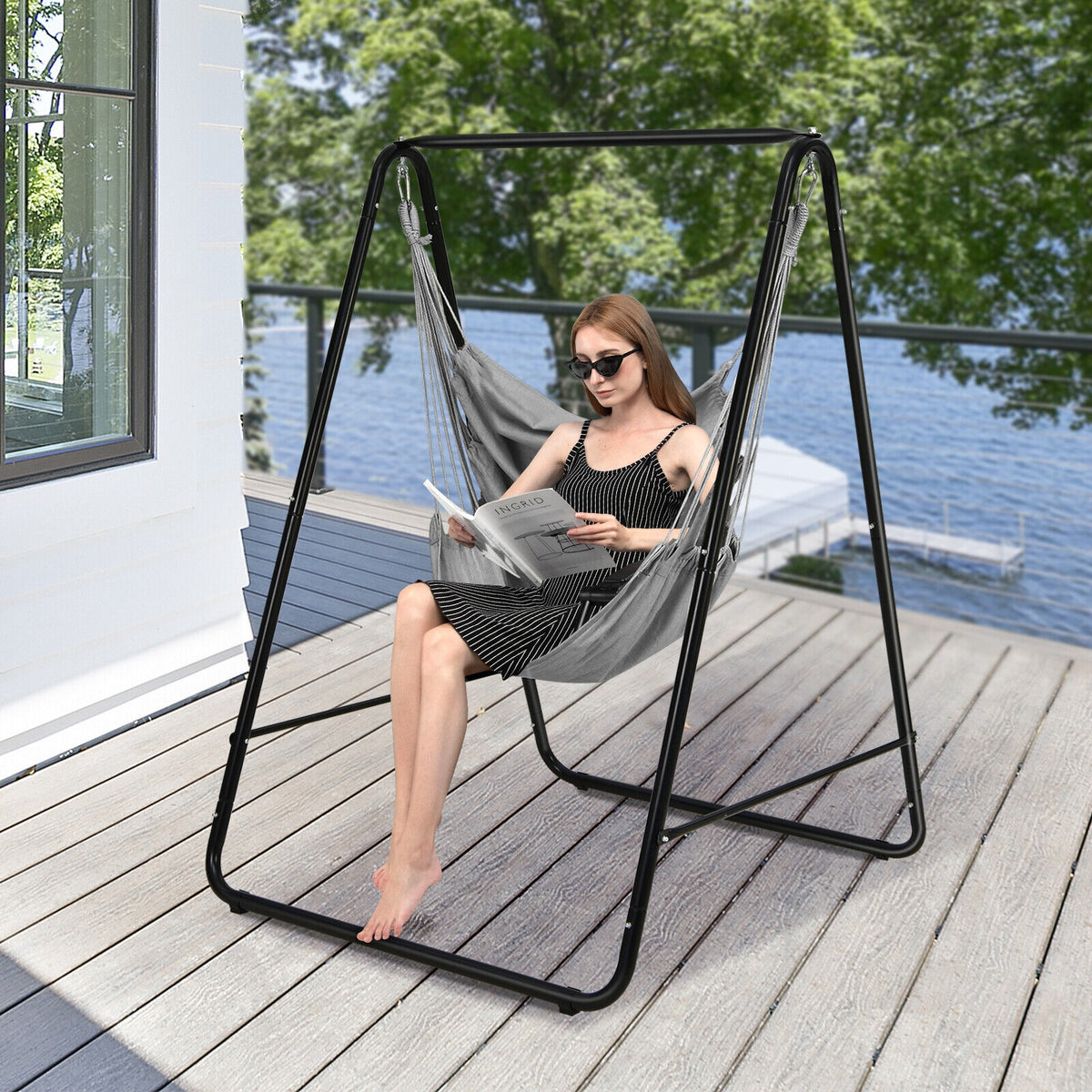 Hanging Padded Hammock Chair with Stand and Heavy Duty Steel-Gray-Hammocks-DECOROLALA