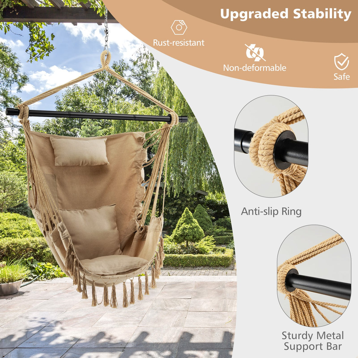 Hanging Rope Swing Chair with Soft Pillow and Cushions-Beige-Hammocks-DECOROLALA