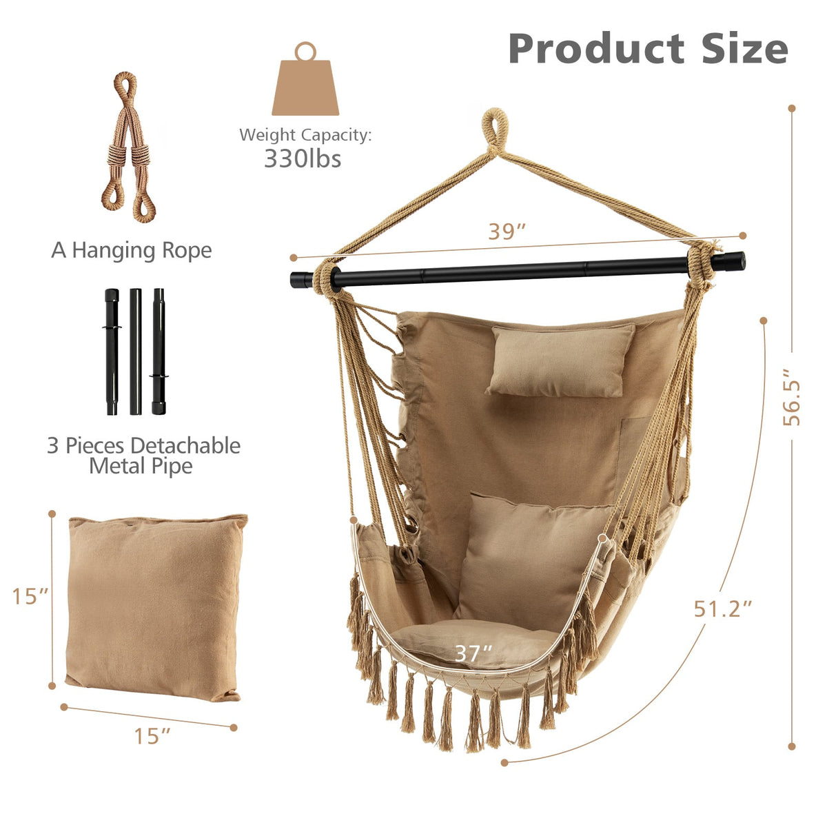 Hanging Rope Swing Chair with Soft Pillow and Cushions-Beige-Hammocks-DECOROLALA