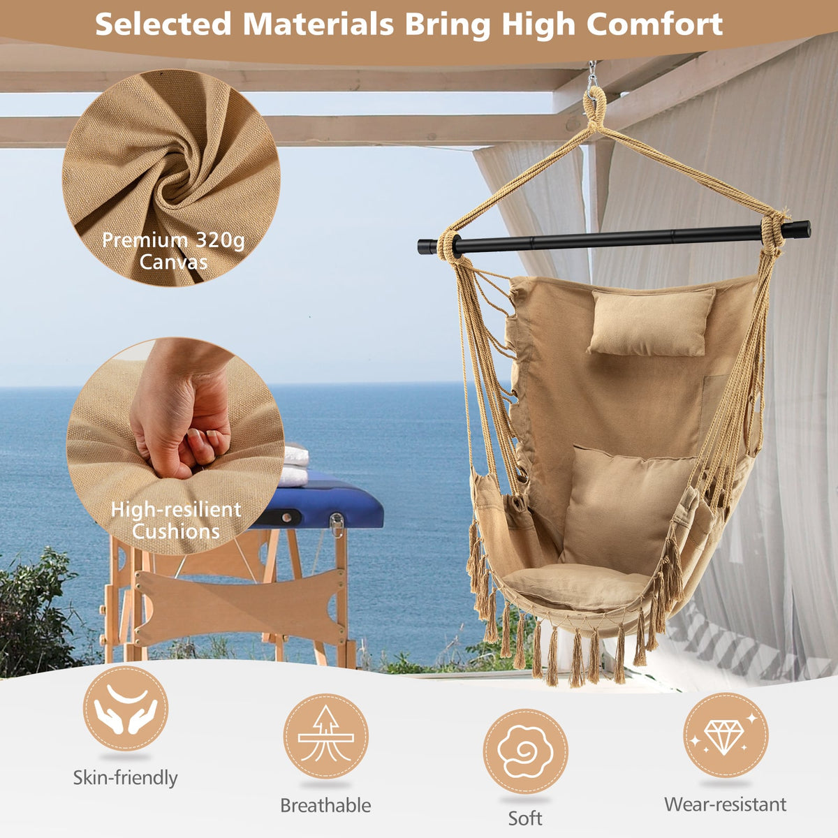 Hanging Rope Swing Chair with Soft Pillow and Cushions-Beige-Hammocks-DECOROLALA