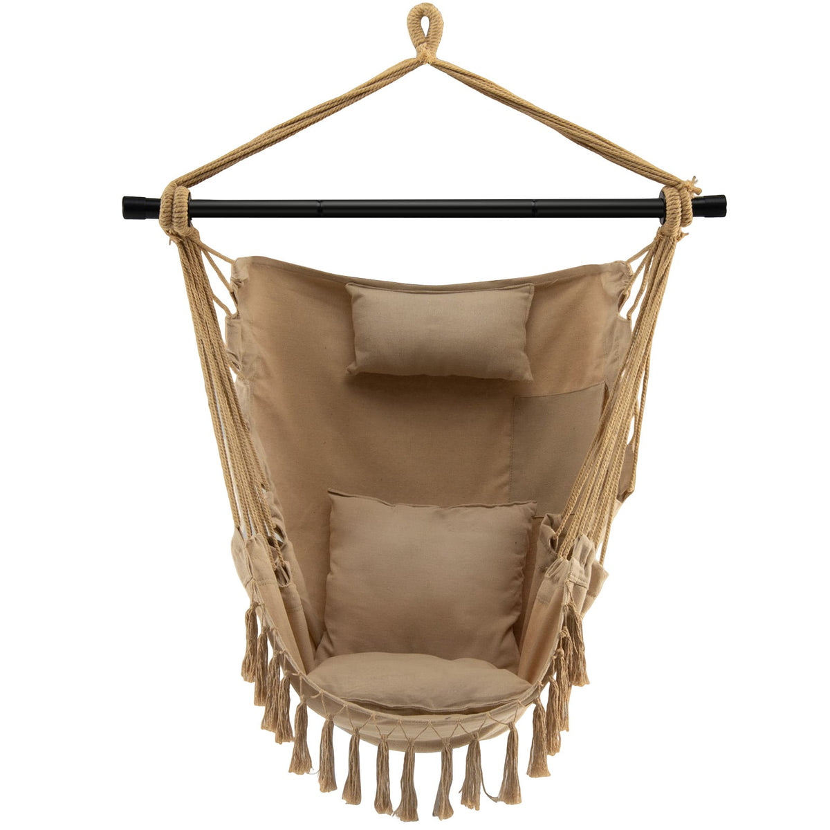 Hanging Rope Swing Chair with Soft Pillow and Cushions-Beige-Hammocks-DECOROLALA