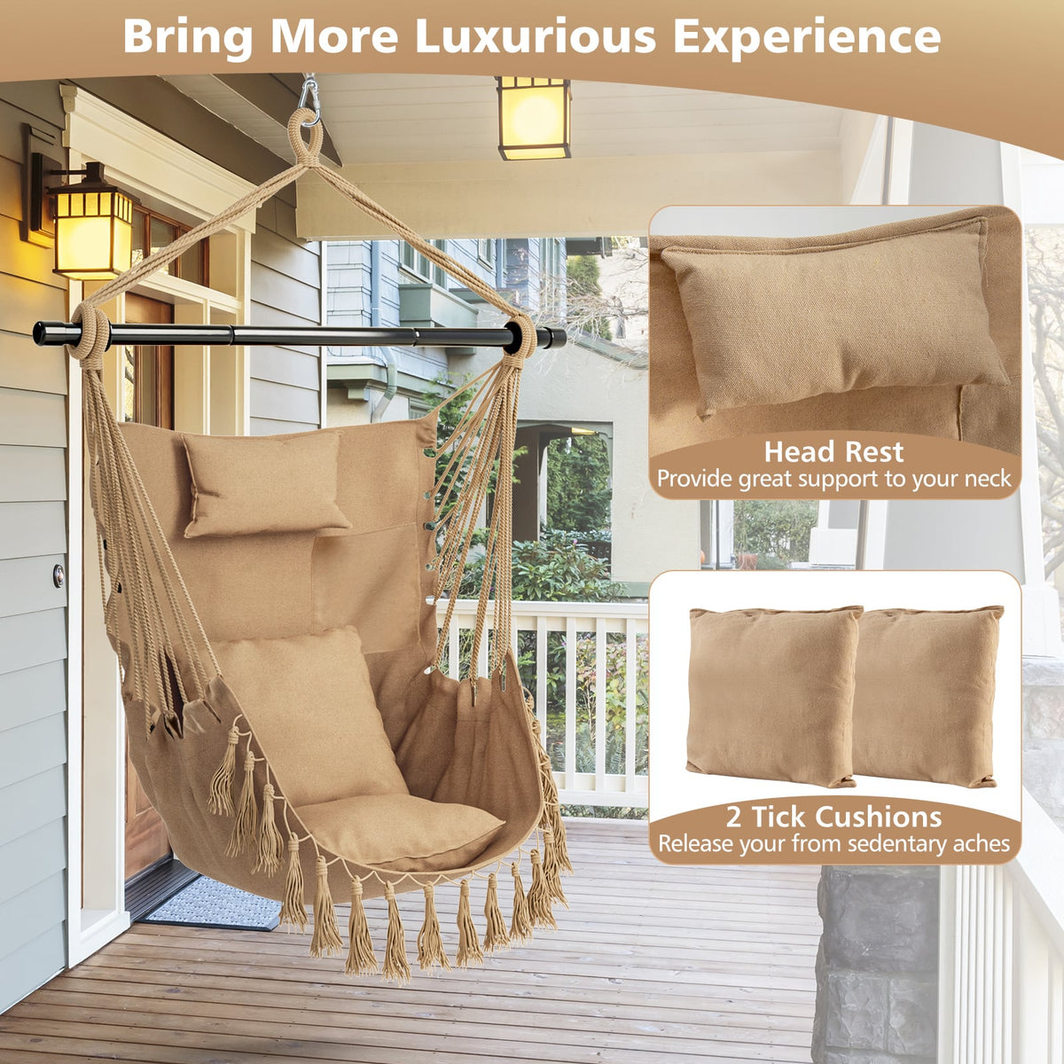 Hanging Rope Swing Chair with Soft Pillow and Cushions-Beige-Hammocks-DECOROLALA