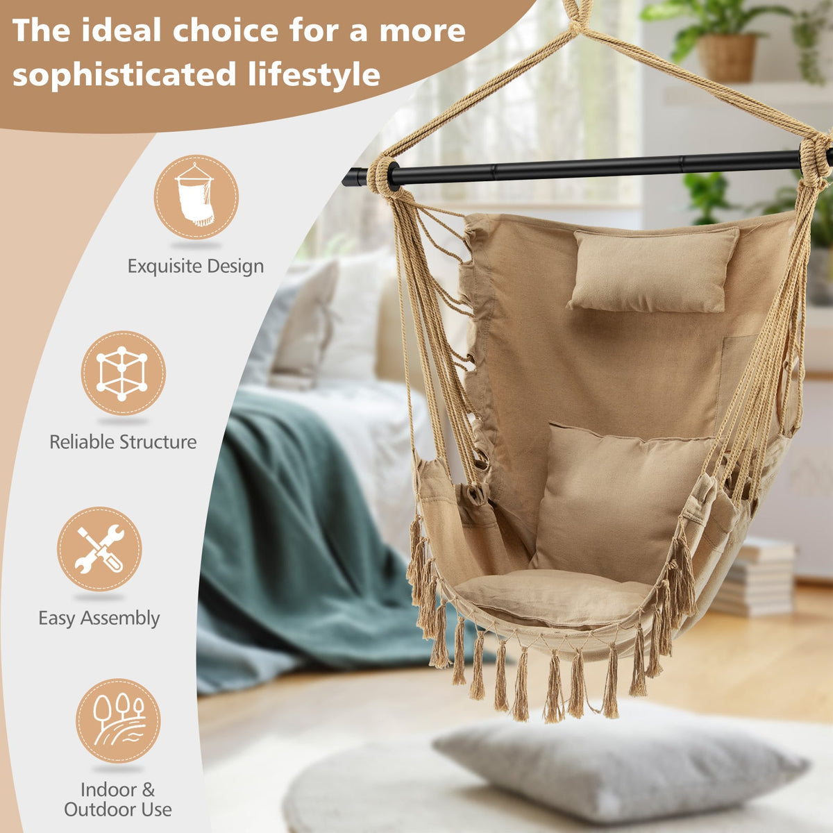 Hanging Rope Swing Chair with Soft Pillow and Cushions-Beige-Hammocks-DECOROLALA