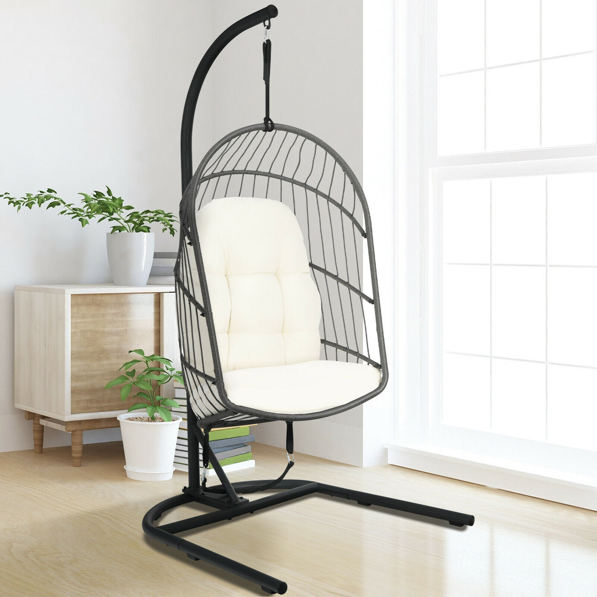 Hanging Wicker Egg Chair with Stand -Beige-Hammocks-DECOROLALA