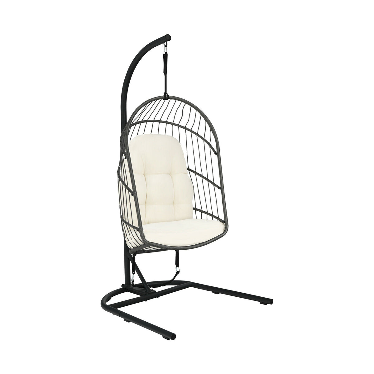 Hanging Wicker Egg Chair with Stand -Beige-Hammocks-DECOROLALA