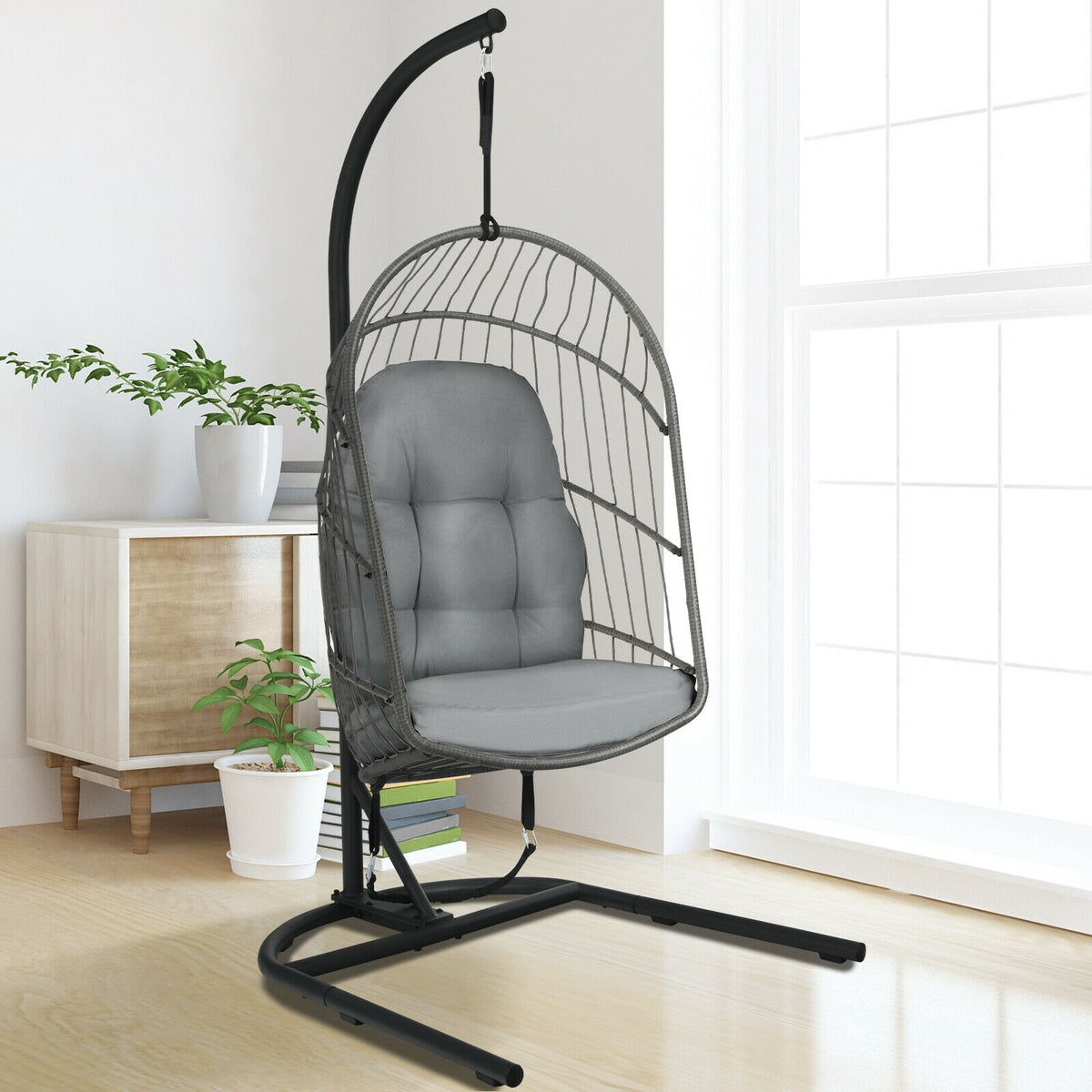 Hanging Wicker Egg Chair with Stand -Gray-Hammocks-DECOROLALA