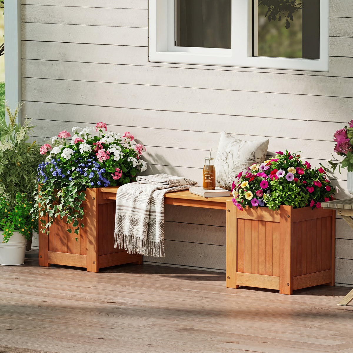 Hardwood Planter Box with Bench Garden Bench with 2 Side Flower Boxes-Raised Garden Beds-DECOROLALA