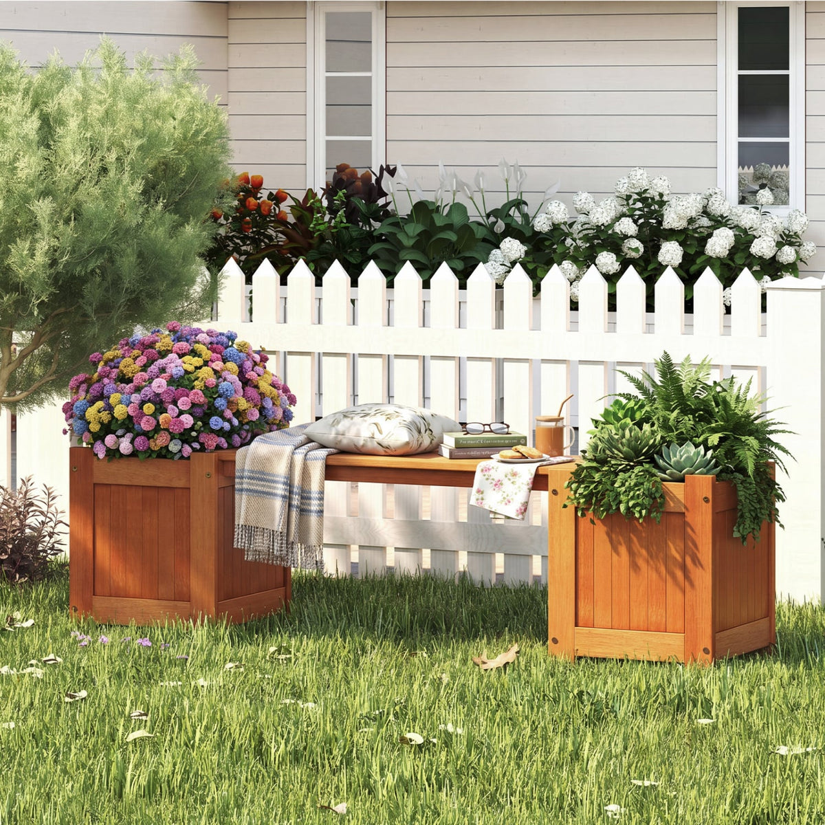 Hardwood Planter Box with Bench Garden Bench with 2 Side Flower Boxes-Raised Garden Beds-DECOROLALA