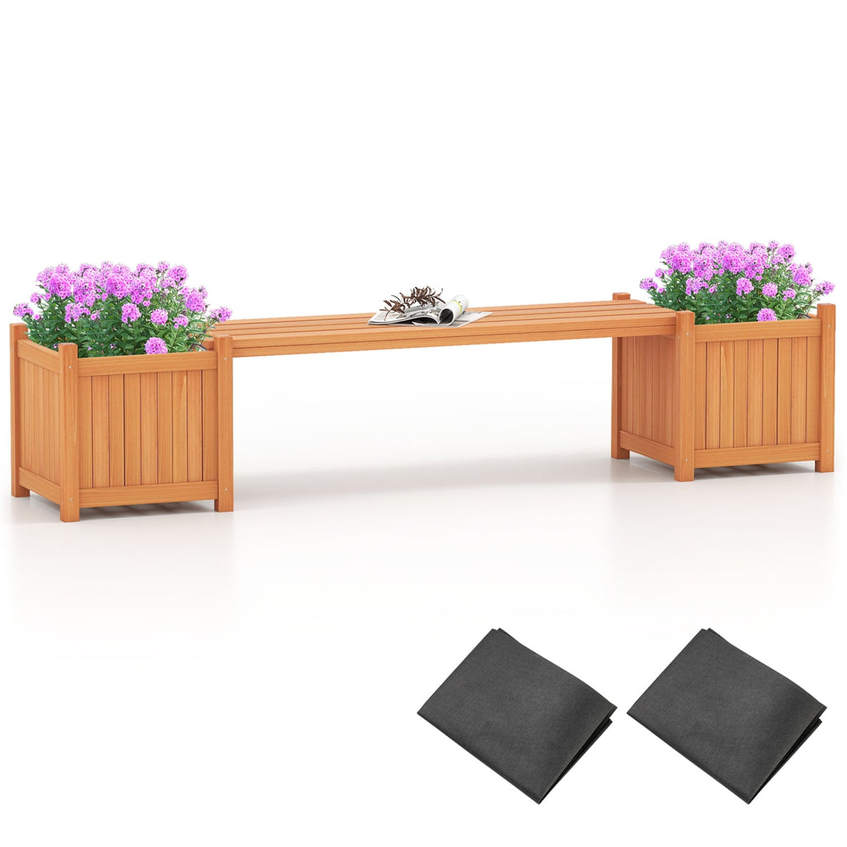 Hardwood Planter Box with Bench Garden Bench with 2 Side Flower Boxes-Raised Garden Beds-DECOROLALA