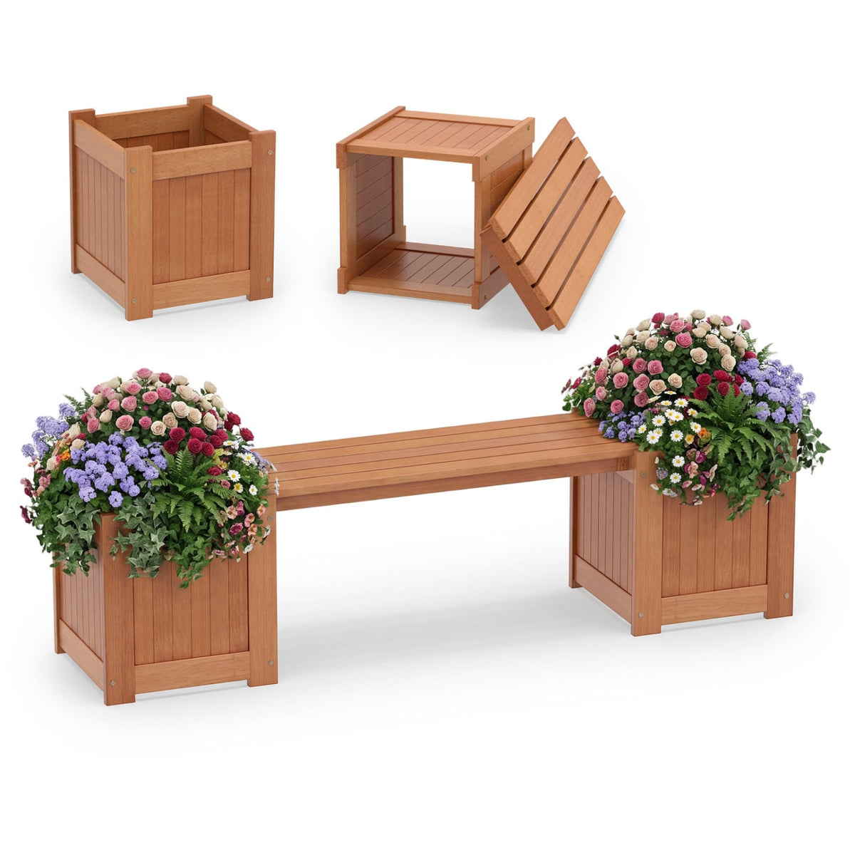 Hardwood Planter Box with Bench Garden Bench with 2 Side Flower Boxes-Raised Garden Beds-DECOROLALA