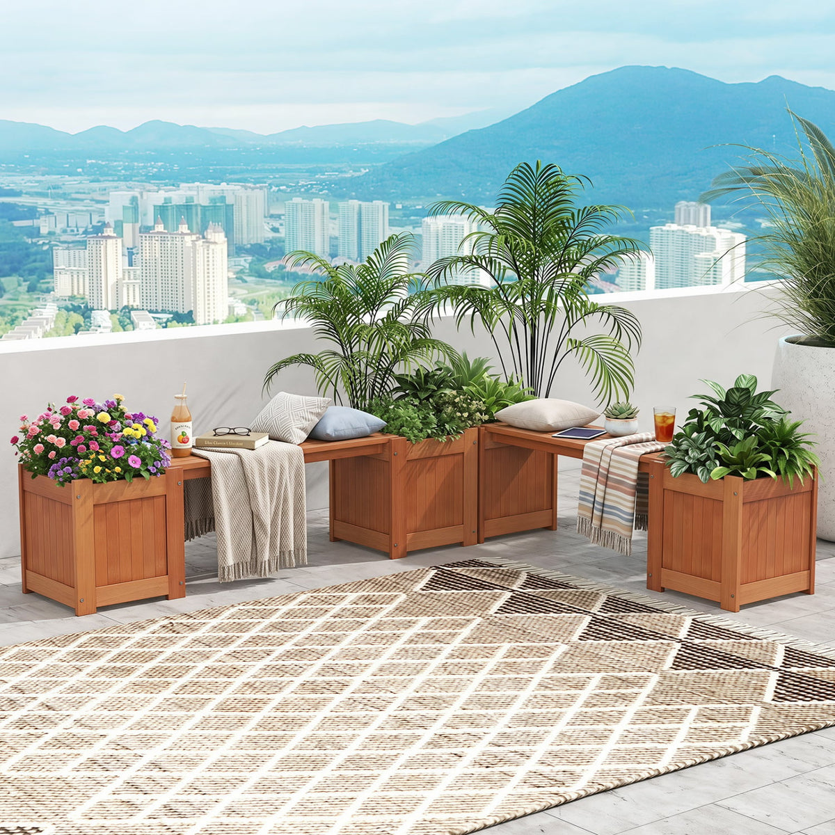 Hardwood Planter Box with Bench Garden Bench with 2 Side Flower Boxes-Raised Garden Beds-DECOROLALA