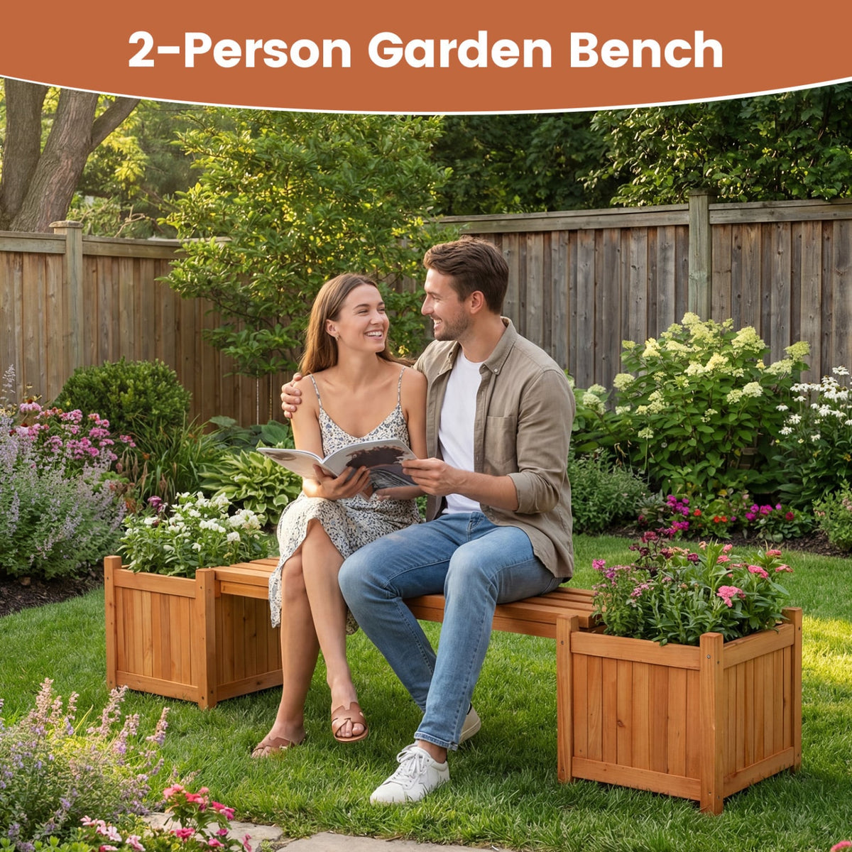 Hardwood Planter Box with Bench Garden Bench with 2 Side Flower Boxes-Raised Garden Beds-DECOROLALA