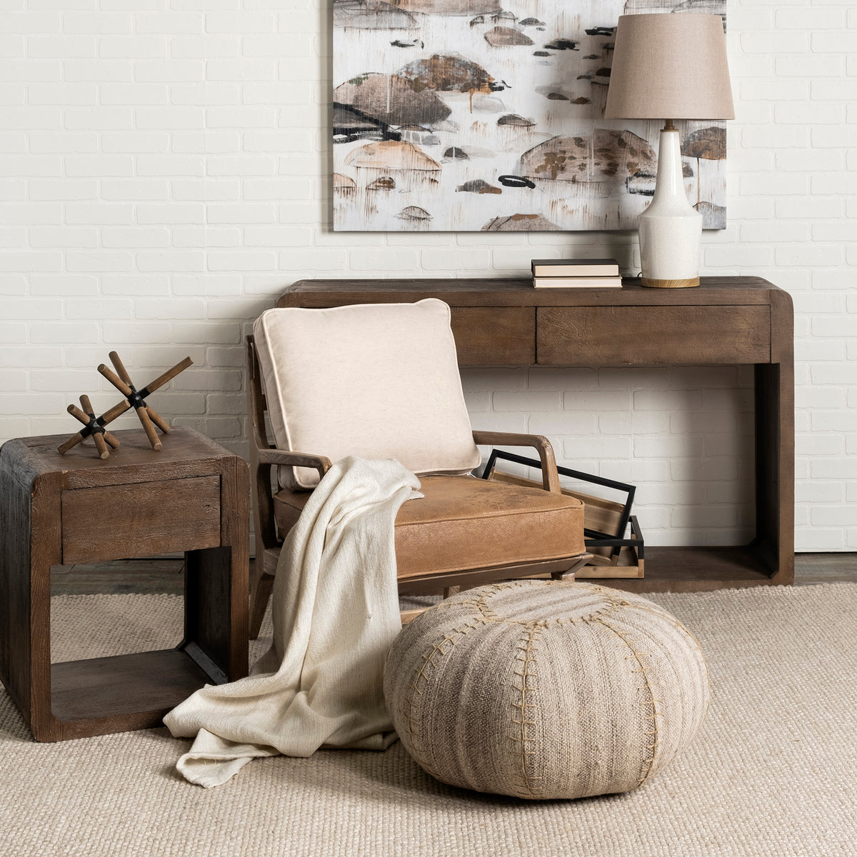 Harman II Cream Fabric and Brown Leather Seat Accent Chair-Accent Chairs-DECOROLALA