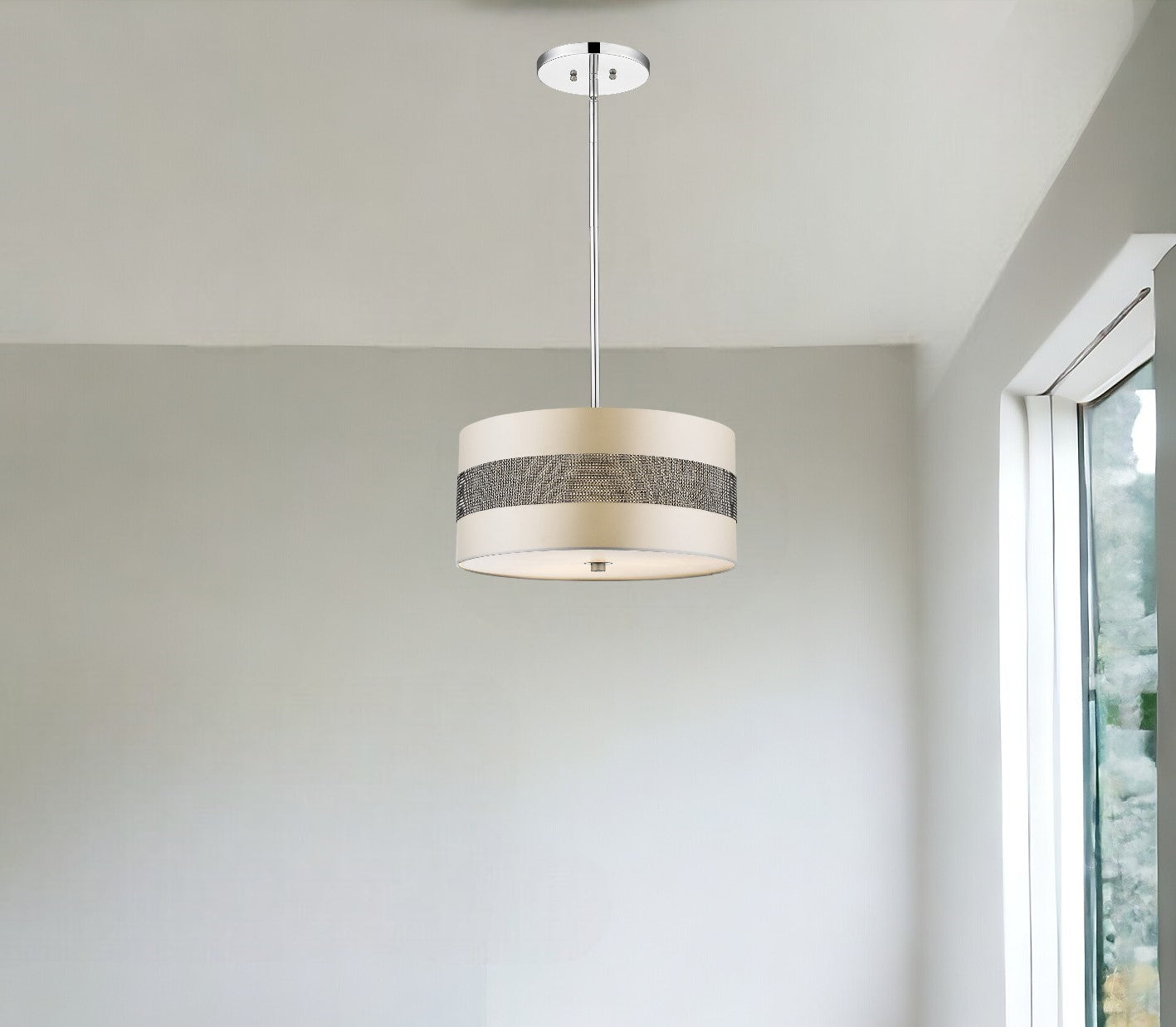 Harmony 3-Light Metallic Silver Pendant With Crystal Studded Platinum Sheen Shade-Pendants-Hanging Lights-DECOROLALA
