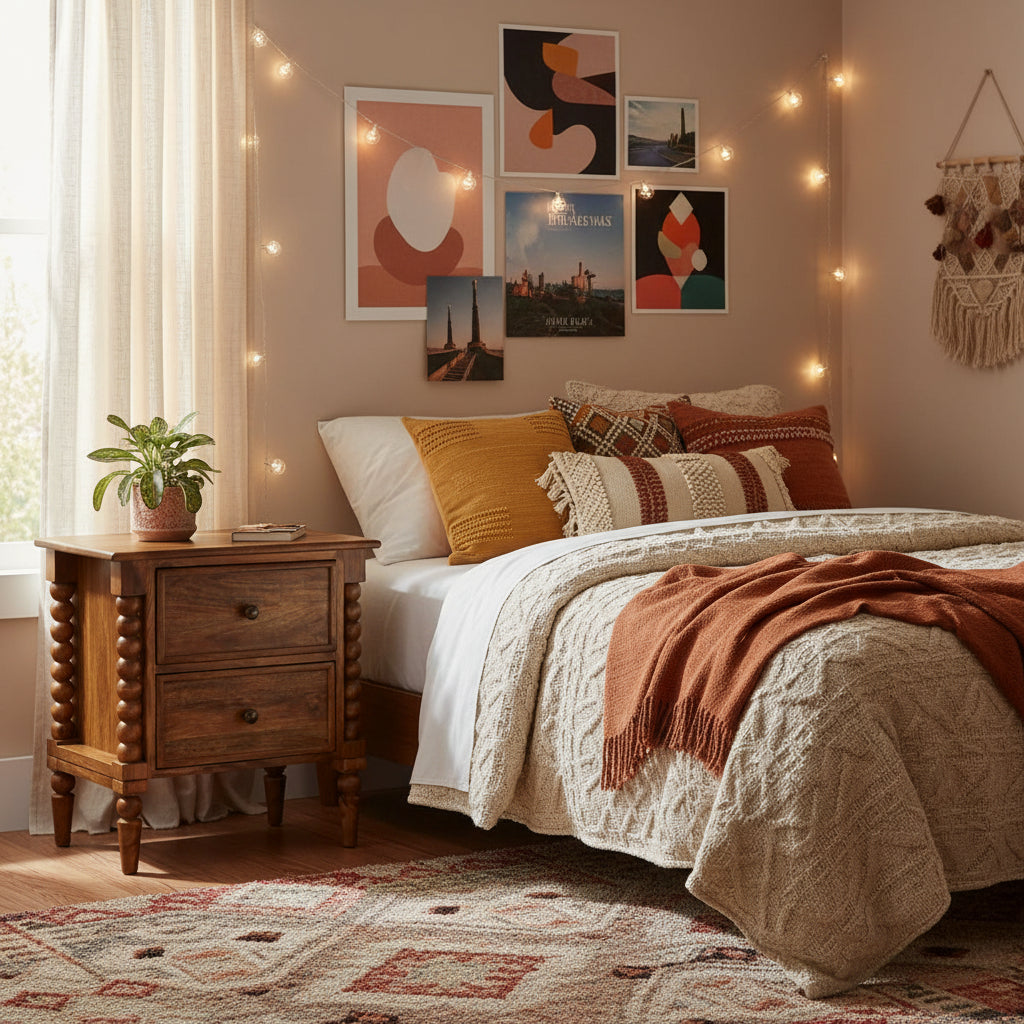 Harper Spindle Bedside Table - Amber Oak Solid Mango Wood-Nightstand-DECOROLALA