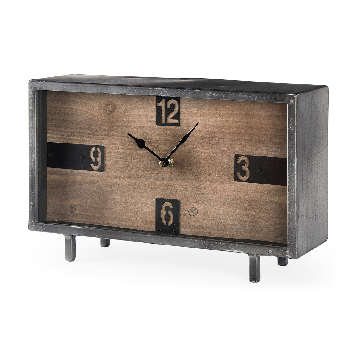 Harvey 13.0L x 4.5W x 8.1H Black Metal and Wood Rectangular Table Clock-Table Clocks-DECOROLALA