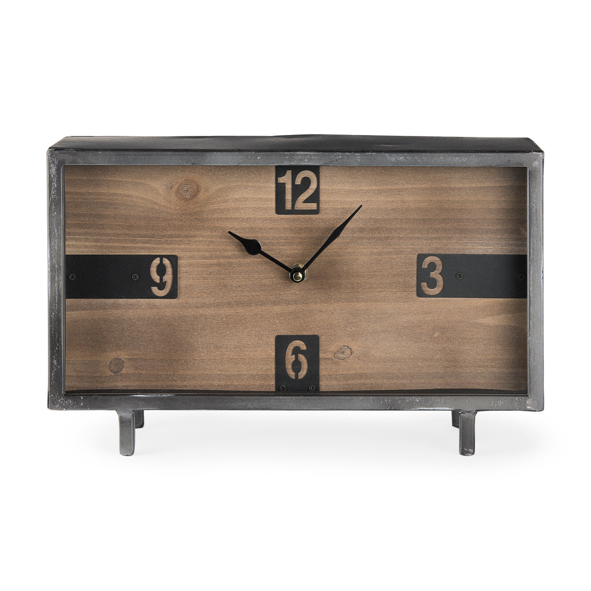 Harvey 13.0L x 4.5W x 8.1H Black Metal and Wood Rectangular Table Clock-Table Clocks-DECOROLALA