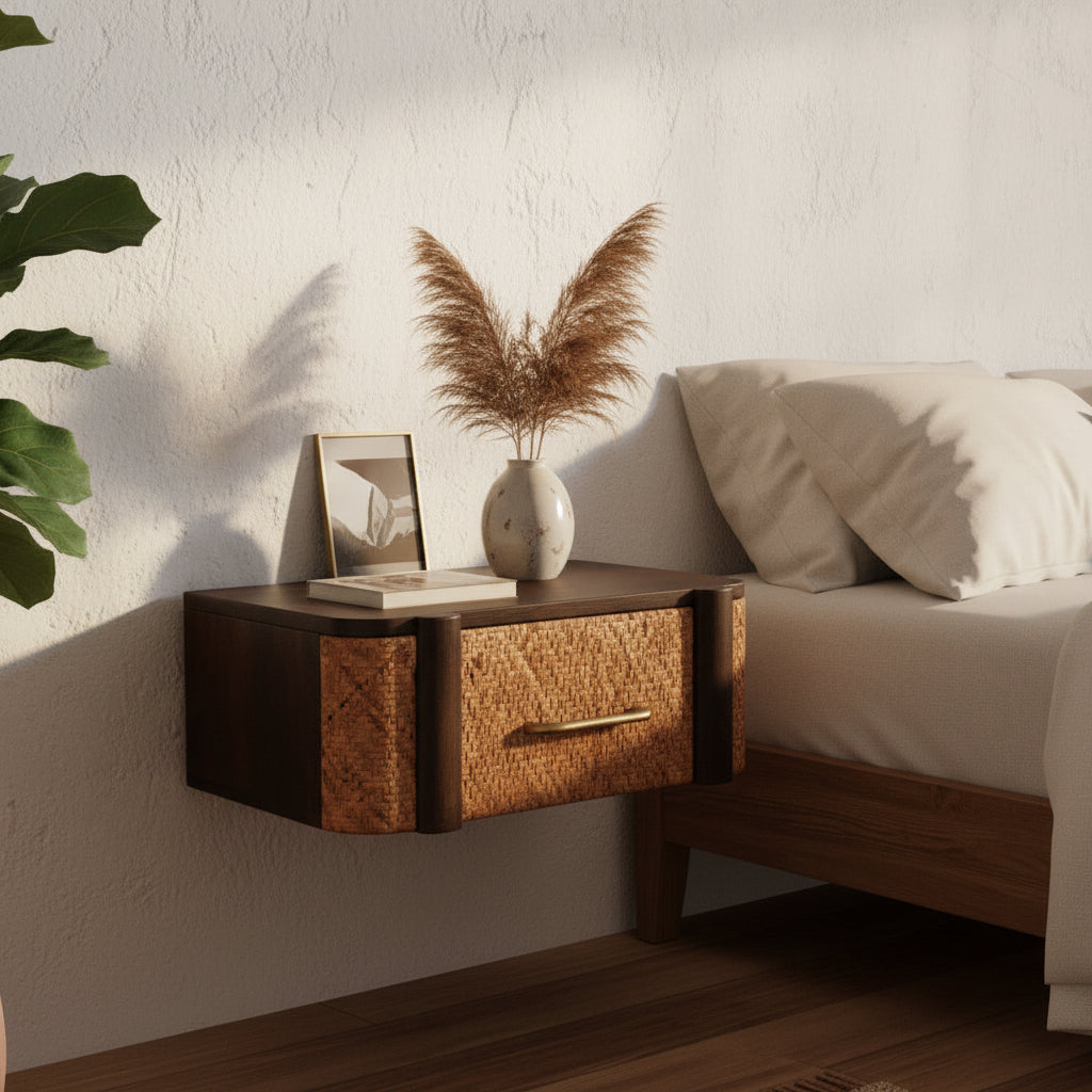 Havana Wall-Mounted Bedside - Mango Wood Velvet Mocha-Nightstand-DECOROLALA