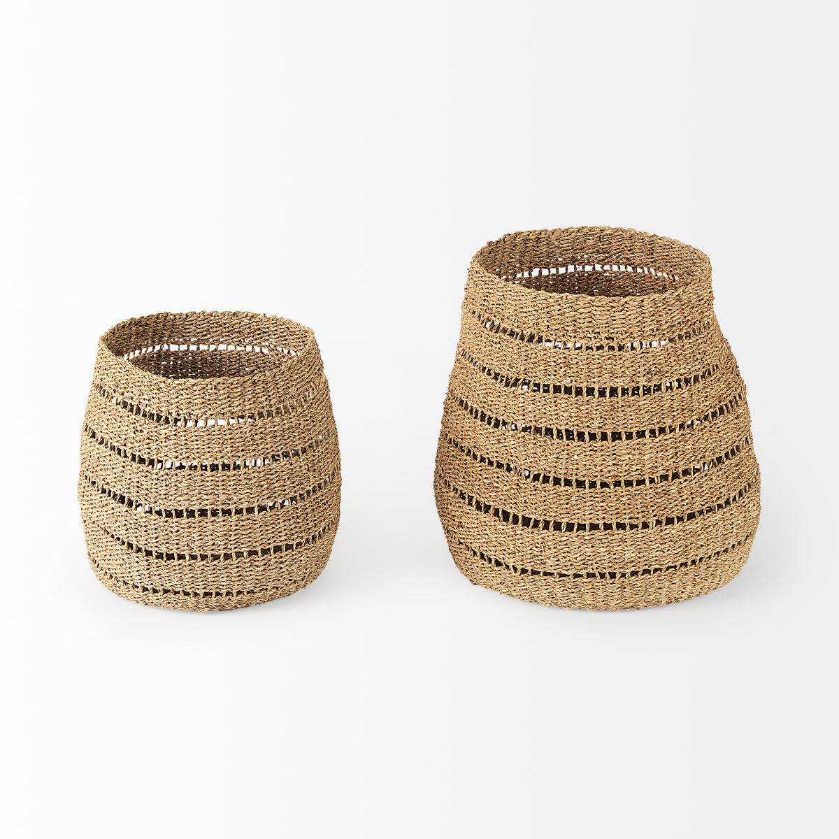 Hayes 17.7L x 17.7W x 11.8H (Set of 2) Medium Brown Seagrass Round Basket with Stripe Pattern-Decorative Baskets-DECOROLALA
