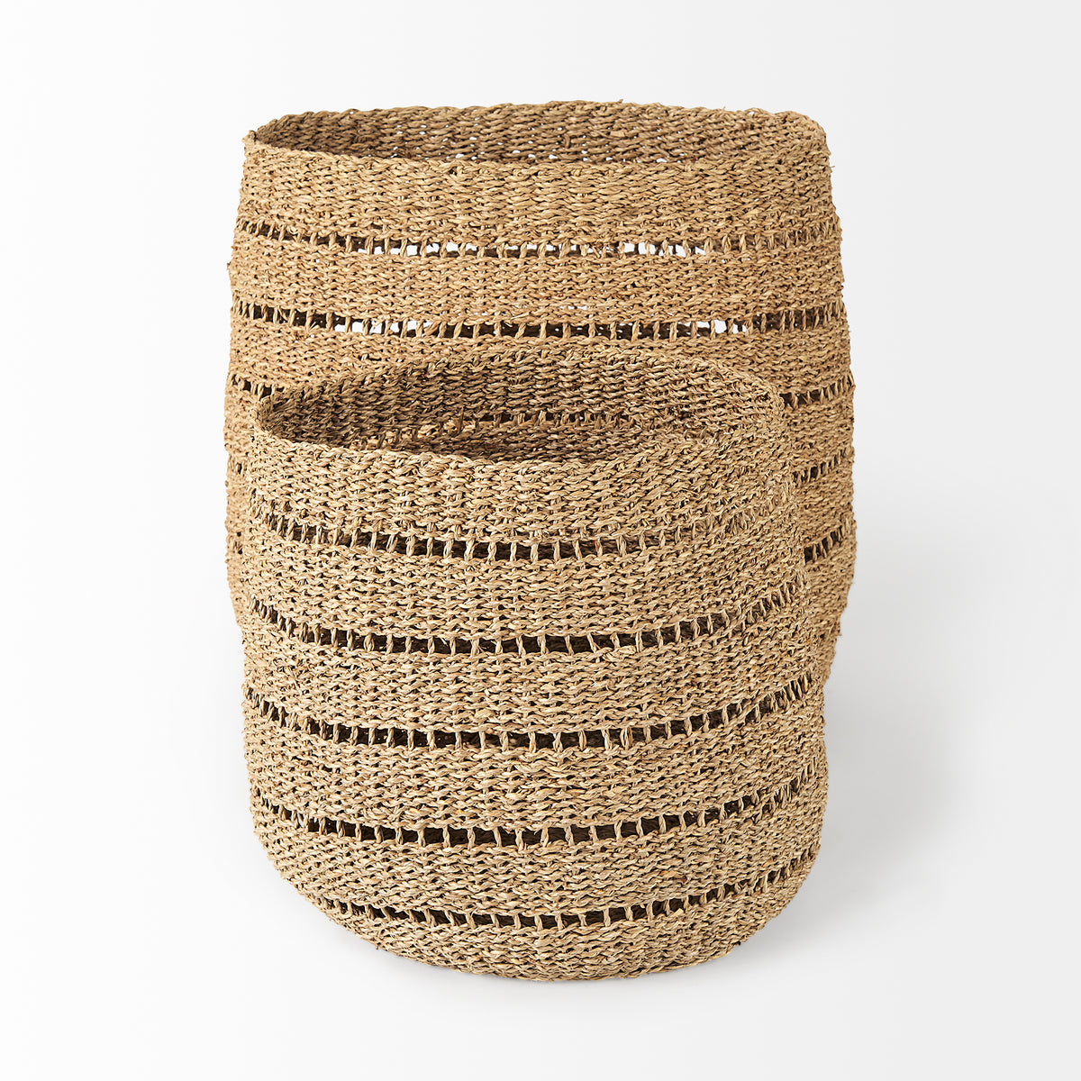 Hayes 17.7L x 17.7W x 11.8H (Set of 2) Medium Brown Seagrass Round Basket with Stripe Pattern-Decorative Baskets-DECOROLALA