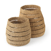 Hayes 17.7L x 17.7W x 11.8H (Set of 2) Medium Brown Seagrass Round Basket with Stripe Pattern-Decorative Baskets-DECOROLALA