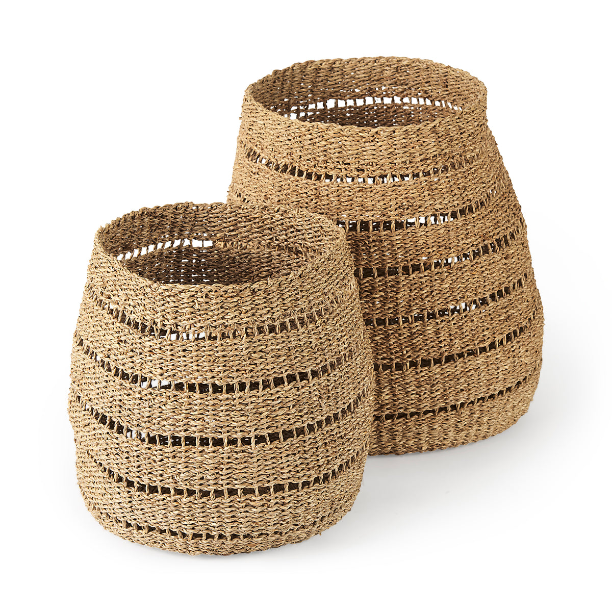 Hayes 17.7L x 17.7W x 11.8H (Set of 2) Medium Brown Seagrass Round Basket with Stripe Pattern-Decorative Baskets-DECOROLALA