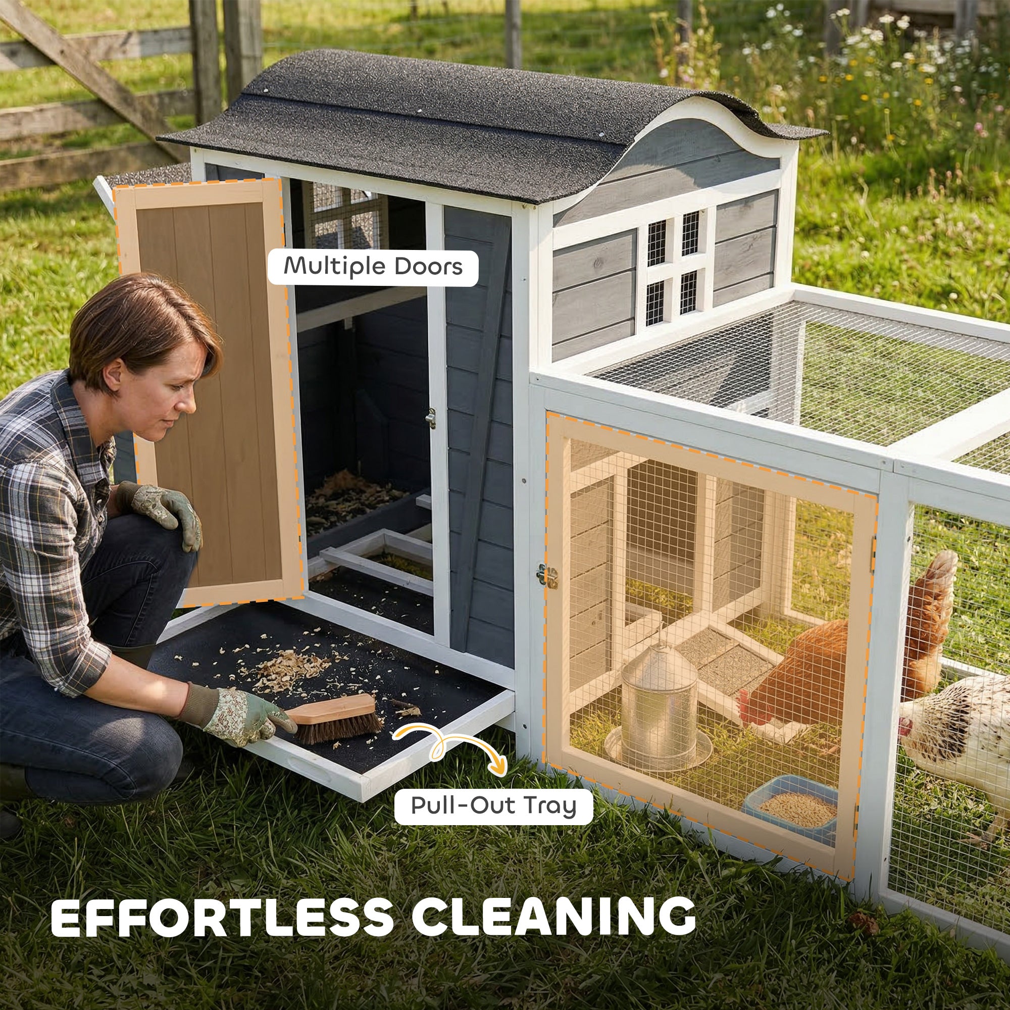 118"L Chicken Coop, Large Wooden Hen House with Run, Pull-Out Tray, Waterproof Roof, Nesting Box, Swing, Roosting Bars