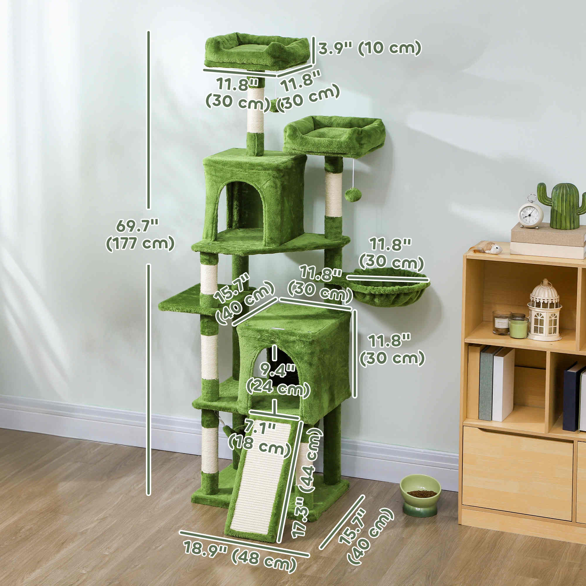 Cat Tree, 70" Multi-Level Cat Tower with 2 Condos, 2 Perches, Hammock, Toy Balls, Scratching Posts and Board, Green
