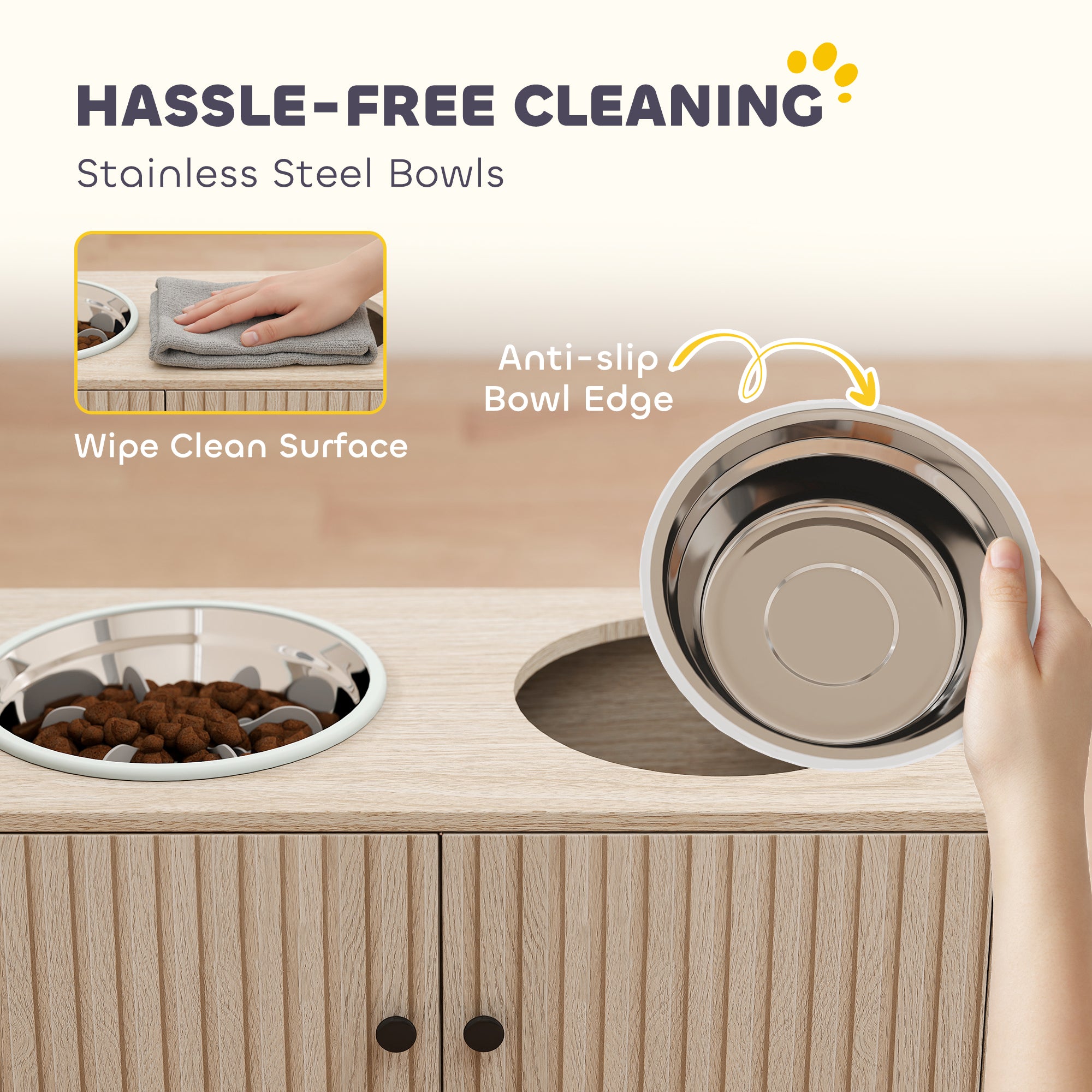 Raised Dog Bowls with Storage, Slow Feeder,  2 Stainless Steel Food and Water Bowl Non-Slip, Oak