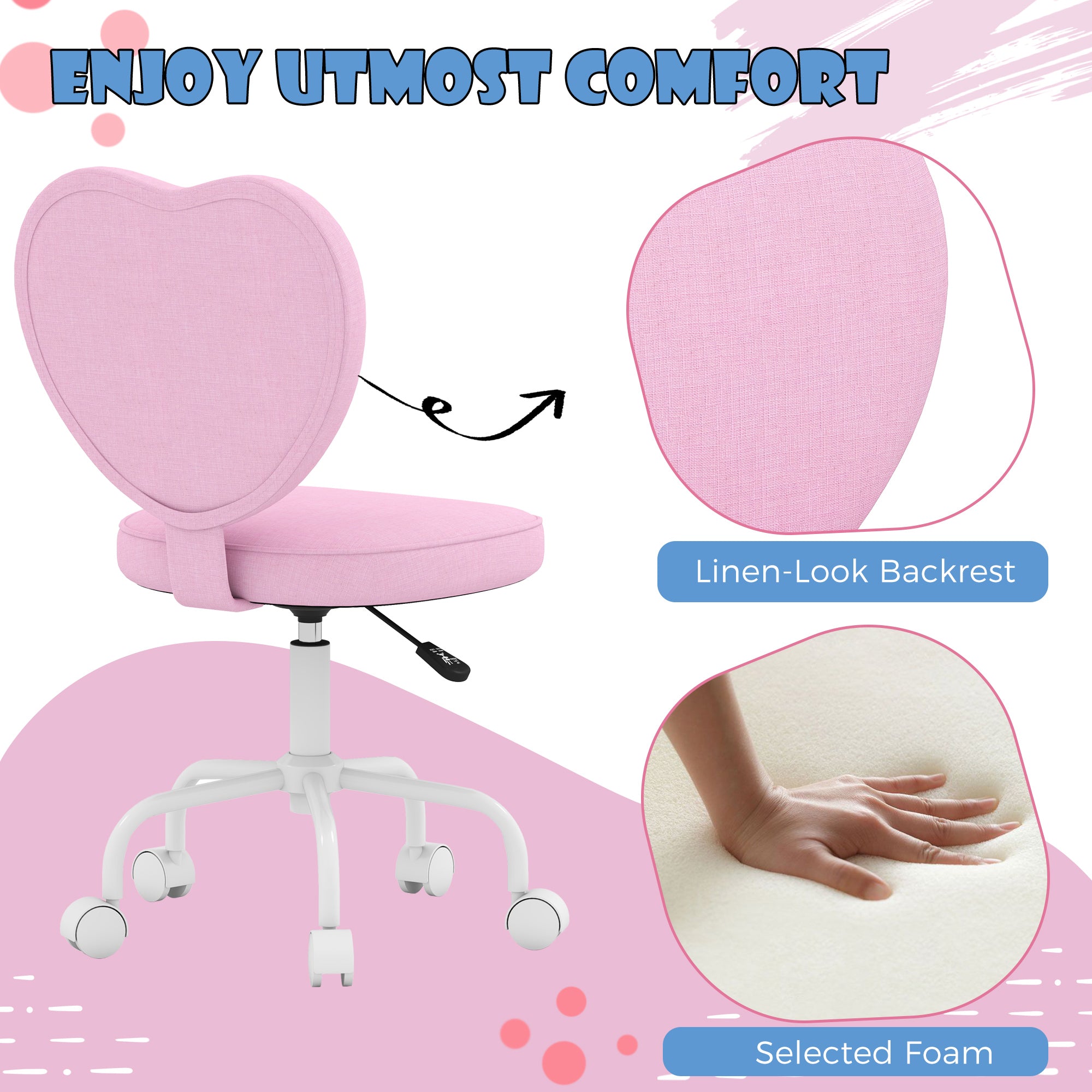 Heart-Shaped Office Chair - Pink Linen Adjustable Height-Office Products > Office Furniture > Office Chairs > Task Chairs-DECOROLALA