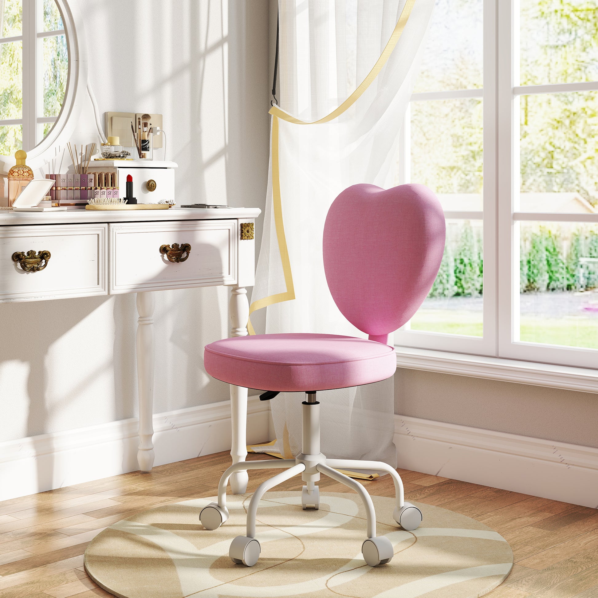 Heart-Shaped Office Chair - Pink Linen Adjustable Height-Office Products > Office Furniture > Office Chairs > Task Chairs-DECOROLALA