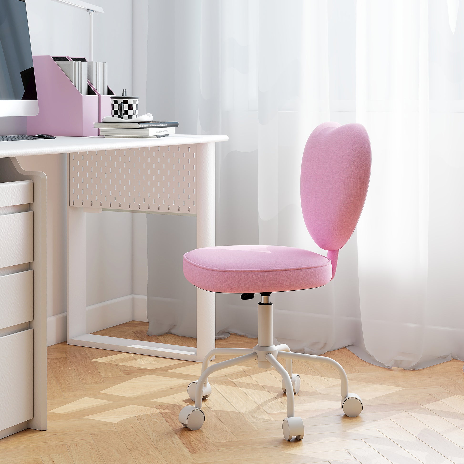 Heart-Shaped Office Chair - Pink Linen Adjustable Height-Office Products > Office Furniture > Office Chairs > Task Chairs-DECOROLALA