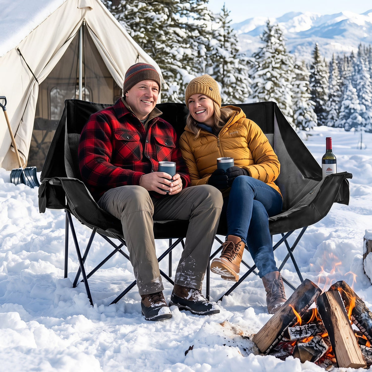 Heated Double Camping Chair with 4 Heating Zones and Wine Glass Holders-Black-Camping Furniture-DECOROLALA