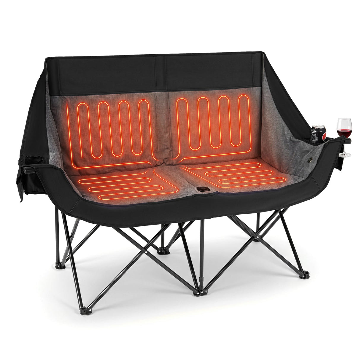 Heated Double Camping Chair with 4 Heating Zones and Wine Glass Holders-Black-Camping Furniture-DECOROLALA