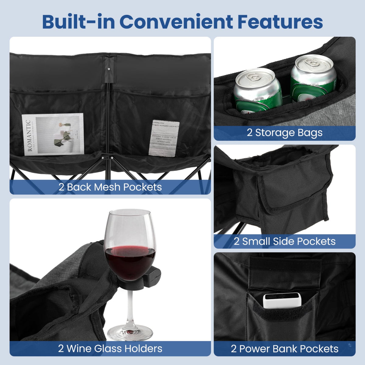 Heated Double Camping Chair with 4 Heating Zones and Wine Glass Holders-Black-Camping Furniture-DECOROLALA