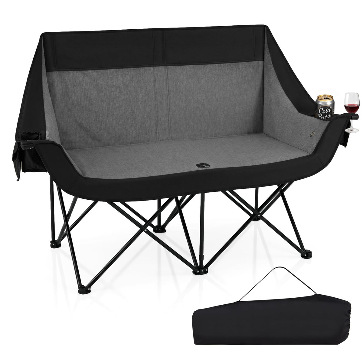 Heated Double Camping Chair with 4 Heating Zones and Wine Glass Holders-Black-Camping Furniture-DECOROLALA