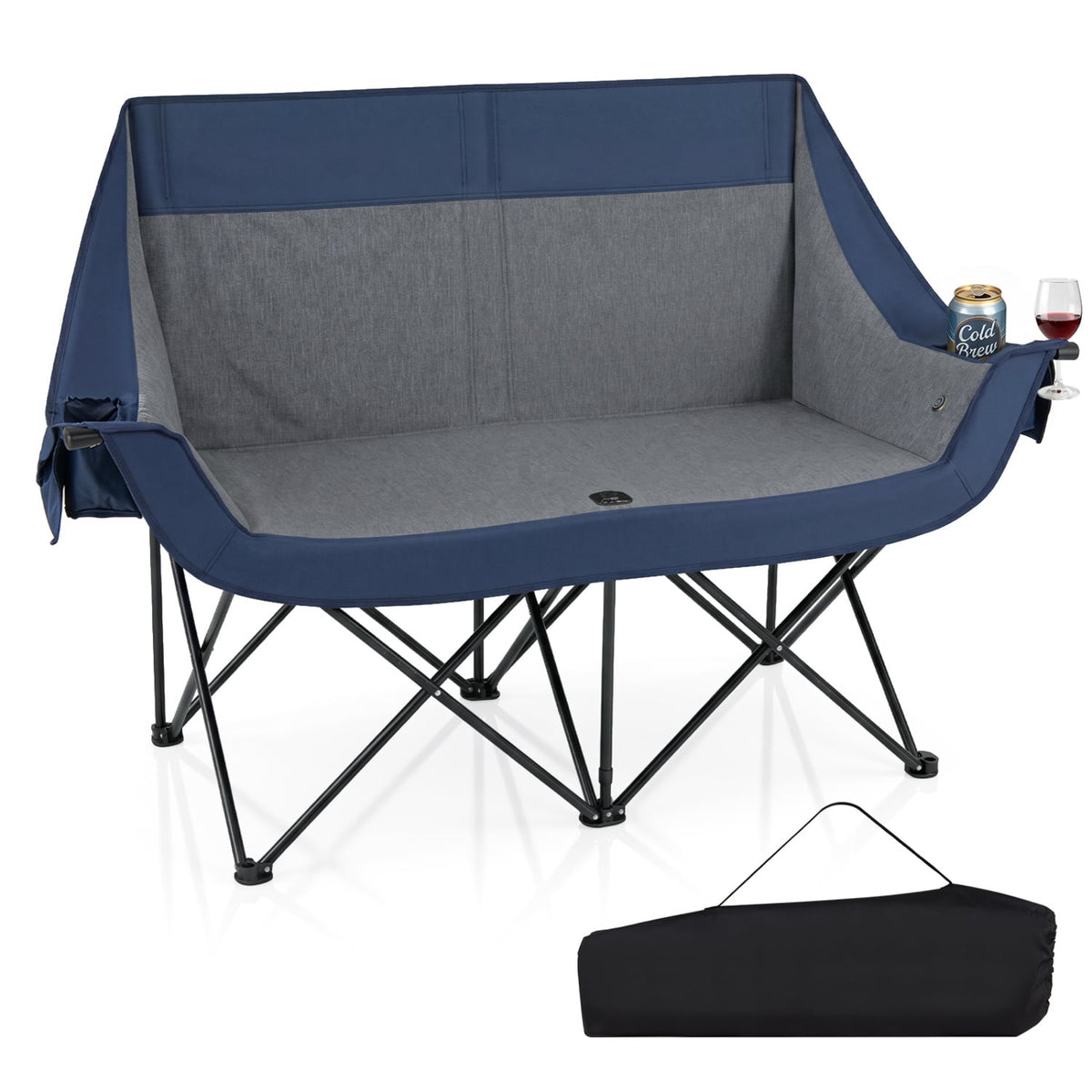 Heated Double Camping Chair with 4 Heating Zones and Wine Glass Holders-Navy-Camping Furniture-DECOROLALA