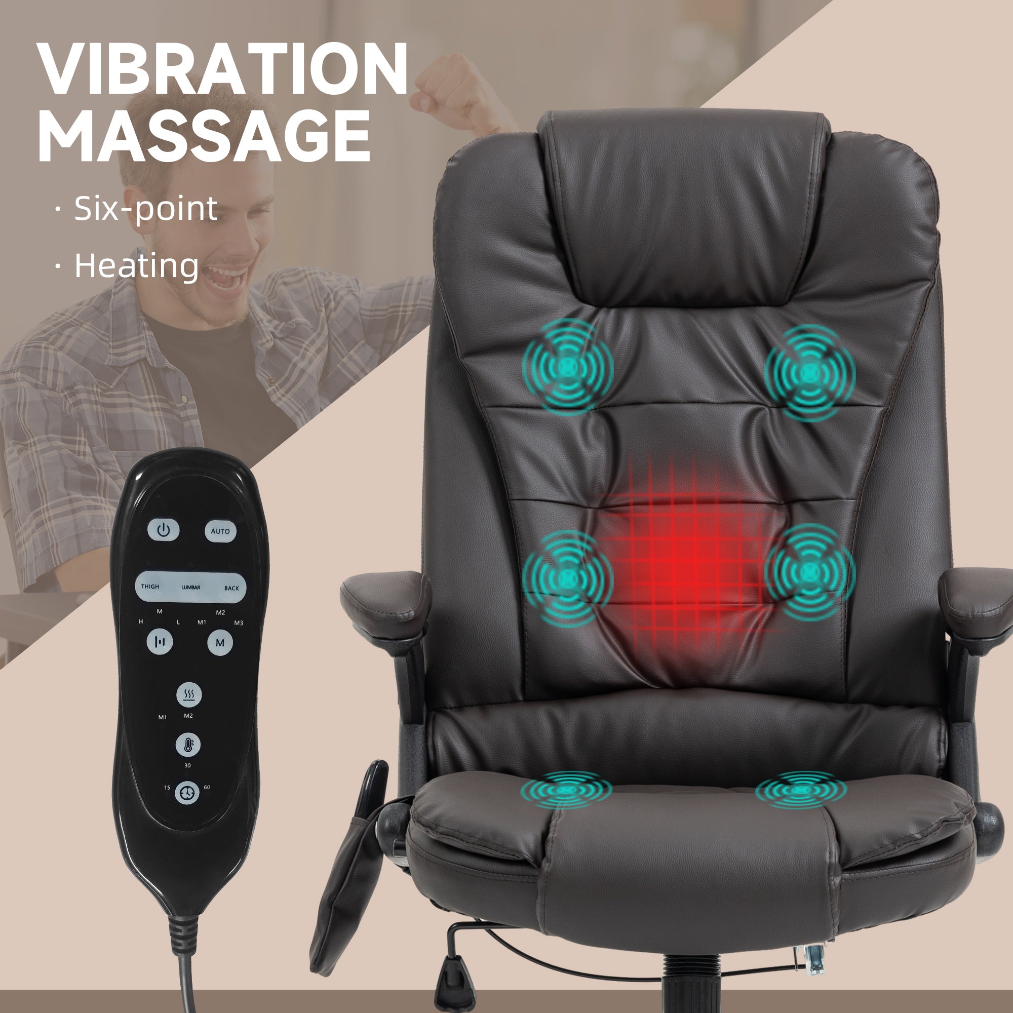 Heated Massage Office Chair - Brown Faux Leather Executive-Office Products > Office Furniture > Office Chairs > Massage Chairs-DECOROLALA